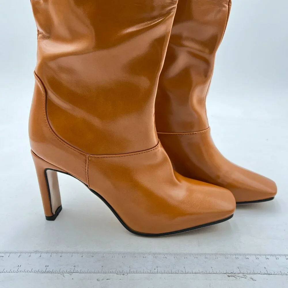 Brown Women Fashion Knee High Long Boot Pull On Square Toe Chunky Heel Fall Shoe